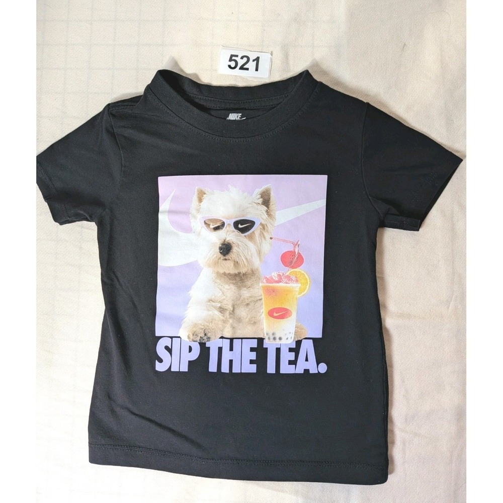 Nike Boys XS Black Graphic T-Shirt Sip The Tea Dog Design Short Sleeve